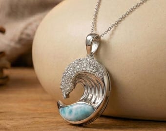 Silver Gemstone Necklace with Natural Larimar, Sterling Silver Blue Oval Stone Necklace, Elegant Handmade Pendant Necklace for Women Gift