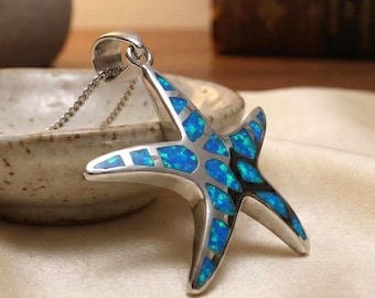 Silver Gemstone Necklace with Opal Starfish, Sterling Silver Starfish Pendant Necklace, Ocean Inspired Handmade Necklace for Women Gift