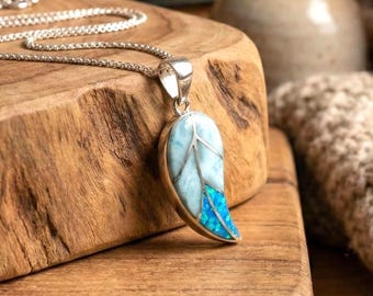 Silver Gemstone Necklace with Natural Larimar, Sterling Silver Blue Larimar Necklace, Simple Handmade Pendant Necklace for Women Gift