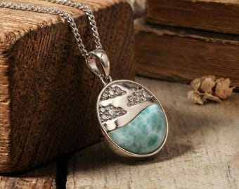 Silver Gemstone Necklace with Natural Larimar, Sterling Silver Blue Gemstone Necklace, Classic Handmade Pendant Necklace for Women Gift