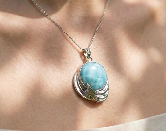 Silver Gemstone Necklace with Natural Larimar, Sterling Silver Blue Round Larimar Necklace, Clean Handmade Pendant Necklace for Women Gift