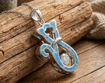 Silver Gemstone Necklace with Fire Opal Cat, Sterling Silver Cat Pendant Necklace, Cute Animal Handmade Necklace for Cat Lovers Gift