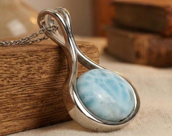 NATURAL LARIMAR, LARIMAR Pendant, Larimar Necklace, Silver Gemstone Necklace, 925 Sterling Silver, Oval Necklace, Blue Necklace, Her Gift