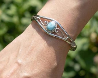 Silver Gemstone Bracelet with Natural Larimar, Sterling Silver Blue Larimar Bracelet, Everyday Handmade Bracelet for Women Gift