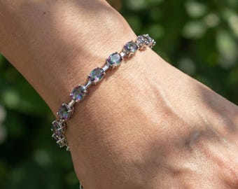 Silver Gemstone Bracelet with Cubic Zirconia, Sterling Silver Elegant CZ Bracelet, Handmade Bracelet for Women Gift