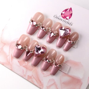 Pink PRESS ON NAILS, Heart Charm Nails, Glue On Nails, Feel the Love with Pink Heart Charm Luxury Press-On Nails Handmade to Perfection