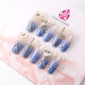 Blue Luxury Press On Nails Handmade French Korean Glue On Nails Hand Painted Kit Fake Nails Reusable Coffin Nails Acrylic Gift For Women