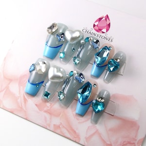 Blue Luxury Press On Nails Handmade French Korean Glue On Nails Hand Painted Kit Fake Nails Reusable Coffin Nails Acrylic Gift For Women