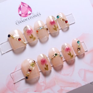Pink Floral Press On Nails: Handmade Luxury Nail Set