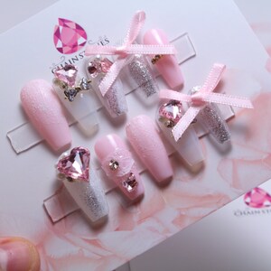 Luxury Pink Press On Nails: Handmade French Coffin Nails Kit