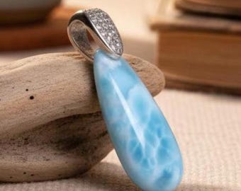 Silver Gemstone Necklace with Natural Larimar, Sterling Silver Blue Oval Larimar Necklace, Graceful Handmade Pendant Necklace for Women Gift