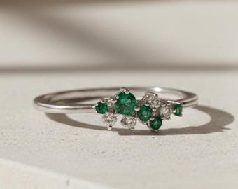 Silver Gemstone Ring with Green Cubic Zirconia, Sterling Silver Adjustable May Birthstone Ring, Handmade Ring for Women Gift