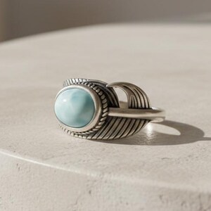 Natural Larimar Feather Ring, 925 Sterling Silver Open Band, Blue Gemstone Boho Jewelry image 1