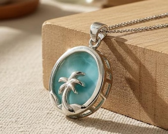 Silver Gemstone Necklace with Natural Larimar, Sterling Silver Blue Stone Necklace, Minimalist Handmade Pendant Necklace for Women Gift