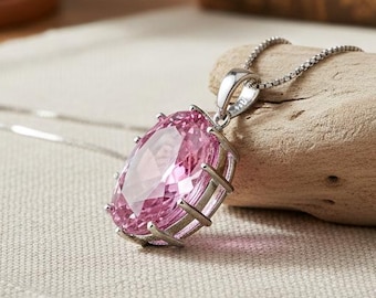 Silver Gemstone Necklace with Natural Pink Topaz, Sterling Silver Pink Stone Necklace, Elegant Handmade Pendant Necklace for Women Gift