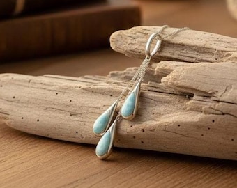 Larimar Necklace Sterling Silver, Natural Blue Gemstone Pendant, Minimal Ocean Jewelry Gift for Her, Dominican Larimar Necklace