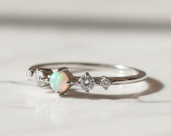 Silver Gemstone Ring with Opal, Sterling Silver Opal Promise Ring, Elegant Handmade Ring for Women Gift