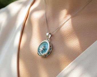 Natural Larimar Palm Tree Necklace, 925 Sterling Silver Tropical Beach Pendant