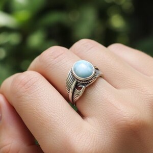 Natural Larimar Feather Ring, 925 Sterling Silver Open Band, Blue Gemstone Boho Jewelry image 2