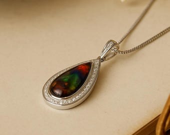 Silver Gemstone Necklace with Natural Ammolite, Sterling Silver Multicolor Ammolite Necklace, Rare Handmade Pendant Necklace for Women Gift