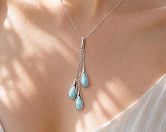 Triple Teardrop Larimar Necklace in 925 Sterling Silver - Elegant Waterfall Dangle Pendant, Long Blue Gemstone Jewelry for Women