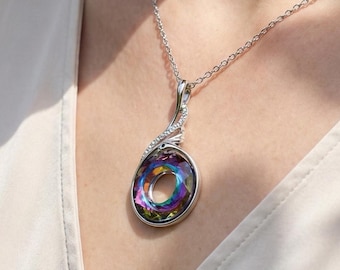 Sterling Silver Crystal Phoenix Necklace, Swarovski Crystal Pendant Necklace, Symbolic Handmade Silver Necklace for Women Gift