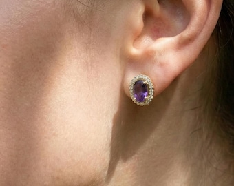 Silver Gemstone Earrings with Purple Cubic Zirconia, Sterling Silver Purple CZ Stud Earrings, Simple Handmade Earrings for Women Gift