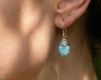 Larimar Sterling Silver Dangle Earrings Handmade Boho Gemstone Drop Earrings Minimalist Blue Earrings Gift For Her Natural Jewelry