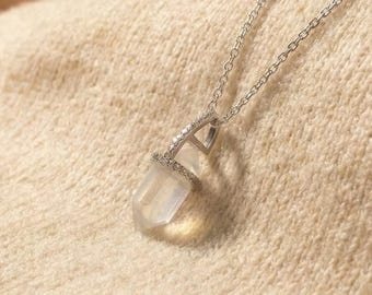 Silver Gemstone Necklace Natural Moonstone, Sterling Silver White Stone Necklace, Soft Minimalist Handmade Pendant Necklace for Women Gift