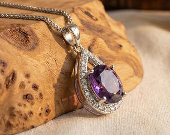 Silver Gemstone Necklace with Natural Amethyst, Sterling Silver Purple Amethyst Necklace, Classic Handmade Pendant Necklace for Women Gift