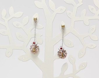 Ladybug Dangle Earrings, 925 Sterling Silver Chain Drops with Multicolor Cubic Zirconia, Cute Insect Jewelry Gift for Her