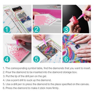 May include: Six steps for creating a diamond painting. The steps are numbered 1 through 6. The image shows a person using a drill pen to pick up a diamond and place it on a canvas. The canvas has a unicorn design. The image also shows a diamond storage box, a symbol table, and a drill pen.