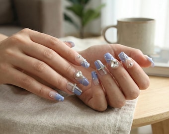 Blue French Tip Press On Nails Handmade Glossy Long Nail Set Cool Modern Style Reusable Fake Nails Gift For Her Elegant Look