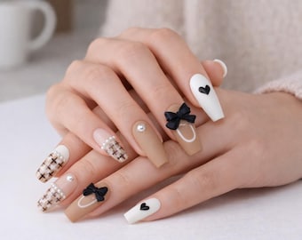 Rustic Brown Press On Nails Handmade Glossy Nail Set Reusable Earth Tone Fake Nails Glue On Natural Style Gift For Her Fall Nail Design