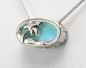 Larimar Palm Tree Pendant, Oval 925 Sterling Silver Slide Pendant, Tropical Beach Jewelry Gift for Her
