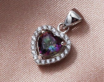 Mystic Topaz Heart Necklace, 925 Sterling Silver Rainbow Pendant with CZ Halo, Romantic Jewelry Gift for Her
