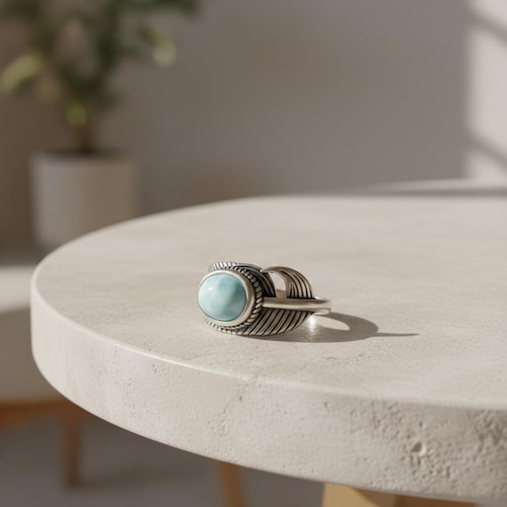 Silver Gemstone Ring with Natural Larimar, Sterling Silver Adjustable Larimar Ring, Everyday Handmade Blue Stone Ring for Women Gift