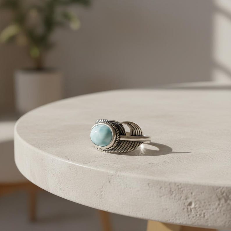 Natural Larimar Feather Ring, 925 Sterling Silver Open Band, Blue Gemstone Boho Jewelry image 1