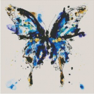 May include: A blue and black butterfly with watercolor-like details on a white background.