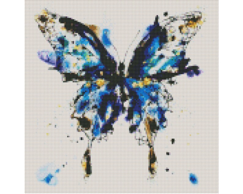 May include: A blue and black butterfly with watercolor-like details on a white background.