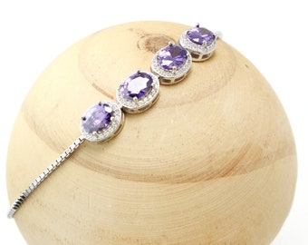 925 Sterling Silver Purple Cubic Zirconia Bracelet Adjustable Dainty Crystal Jewelry Gift For Her Sparkling Elegant Stone Bracelet