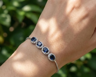 925 Sterling Silver Blue Cubic Zirconia Bracelet Adjustable Elegant Crystal Jewelry Gift For Her Dainty Sparkling Everyday Bracelet