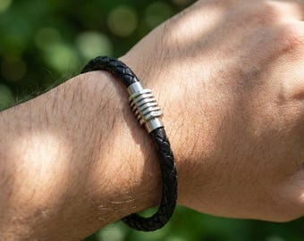 Black Braided Leather Bracelet for Men, Silver Tone Magnetic Clasp, Minimalist Gift for Him