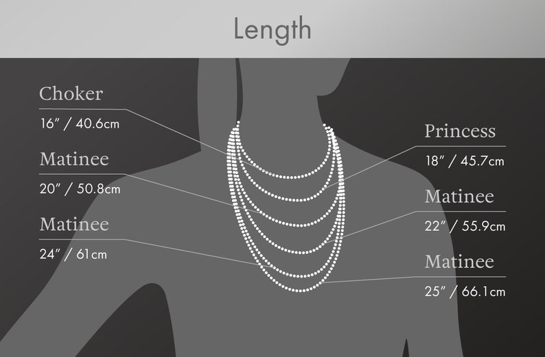 May include: Diagram showing different necklace lengths with measurements in inches and centimetres. The lengths include choker, princess, and matinee.