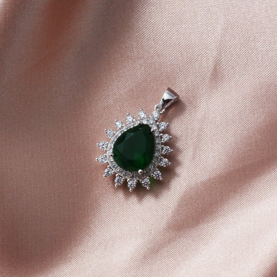 Green Spinel Necklace Sterling Silver CZ Pendant 925 Gemstone Jewelry Gift For Her Elegant Sparkly Crystal Necklace Statement Jewelry Piece