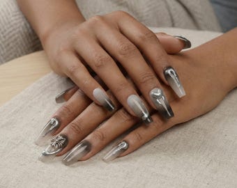 Black Ombre Press On Nails Handmade Gradient Nail Set Reusable Fake Nails Long Coffin Shape Glue On Nails Gothic Gift For Her Style