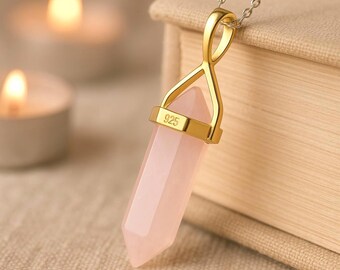 Silver Gemstone Necklace with Rose Quartz Point, Sterling Silver Pink Crystal Necklace, Boho Healing Handmade Pendant Necklace Women Gift