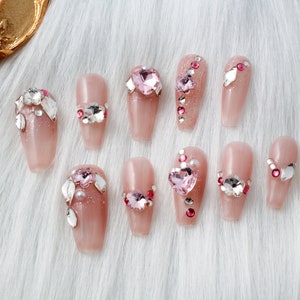 Press On Nails, Fake Nails, Glue On Nails, Rose Quartz Coffin Nails | Exquisite Crystal Gemstone Press Ons | Decorative Nail Set