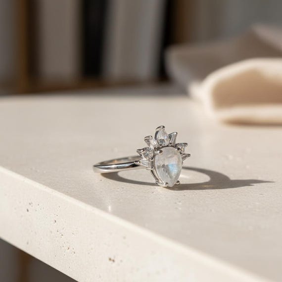 Silver Gemstone Ring with Moonstone and Topaz, Sterling Silver Adjustable Ring, Soft Elegant Handmade Ring for Women Gift