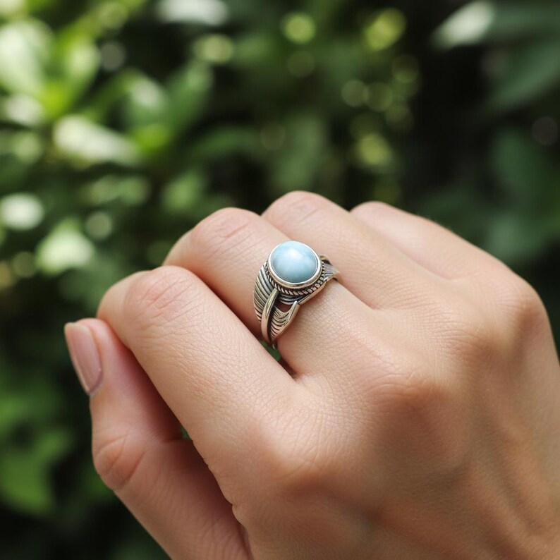 Natural Larimar Feather Ring, 925 Sterling Silver Open Band, Blue Gemstone Boho Jewelry image 2